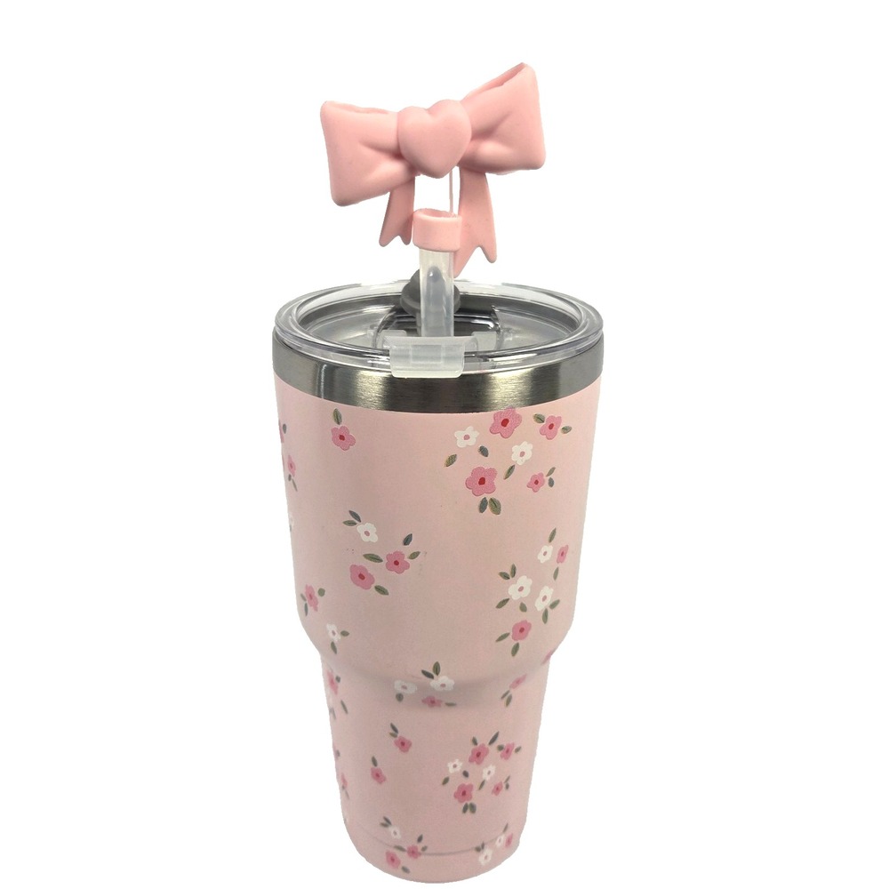 UMI Floral Stainless Steel Tumbler 30 oz Pink New Bow Straw Topper Coquette Cup